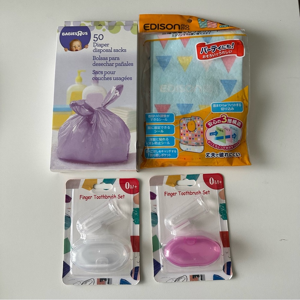 Baby Essentials- Diaper Disposal Sacks, Finger Toothbrush Sets & Disposable Bibs